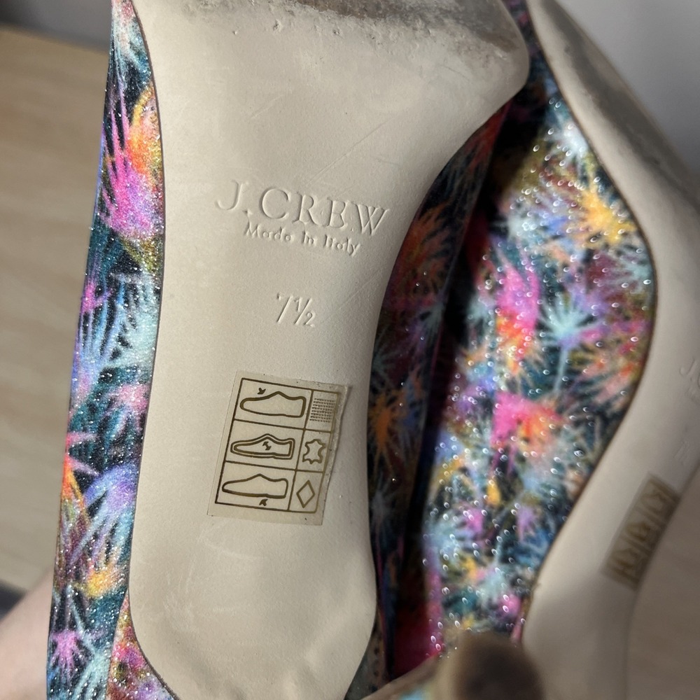 J Crew Elsie Pumps Heels In Glitter Palm‎ Colorful Statement Size 7.5 - Picture 8 of 9